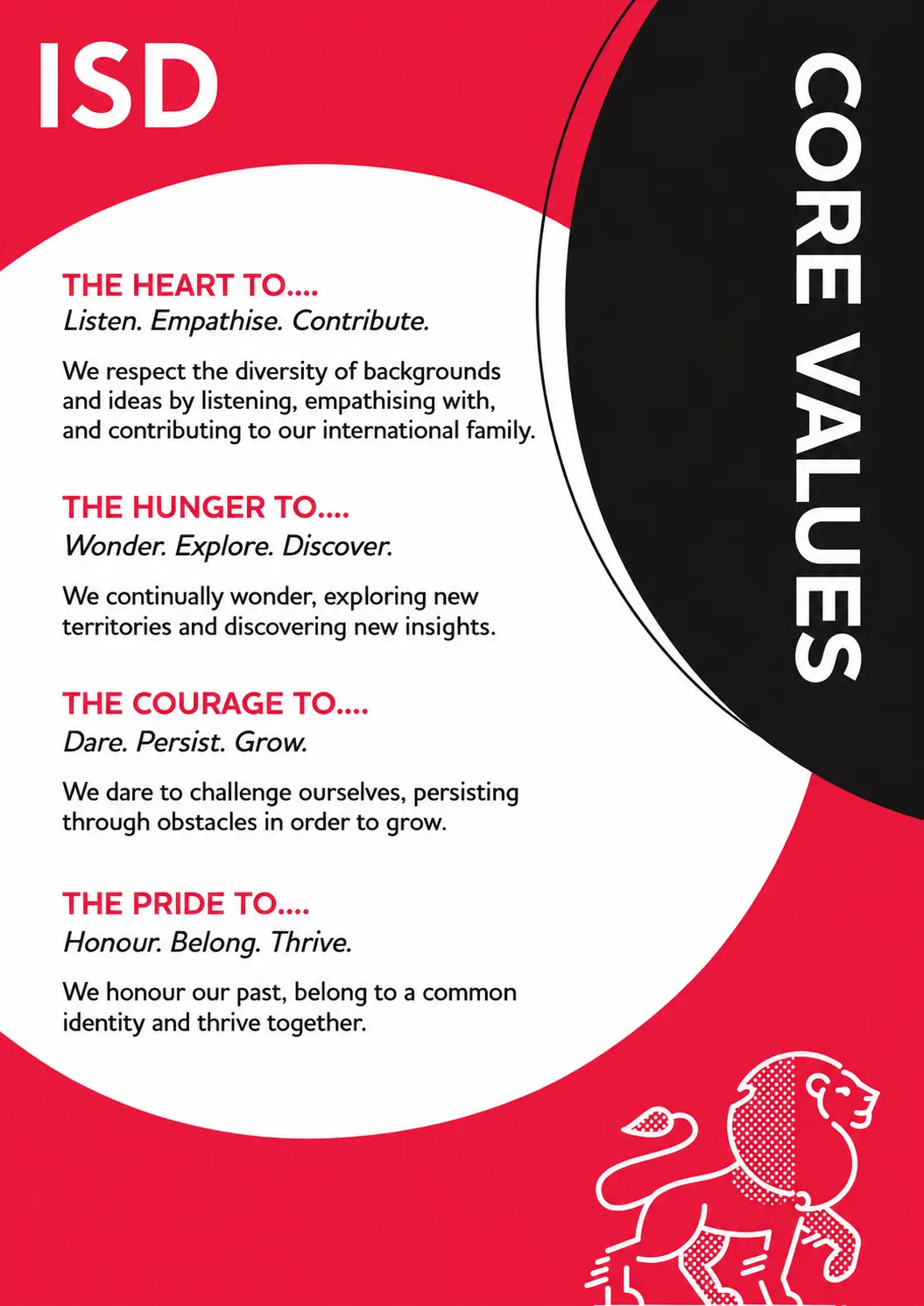 The International School of Düsseldorf is underpinned by four core values: Hunger, Heart, Courage, and Pride.