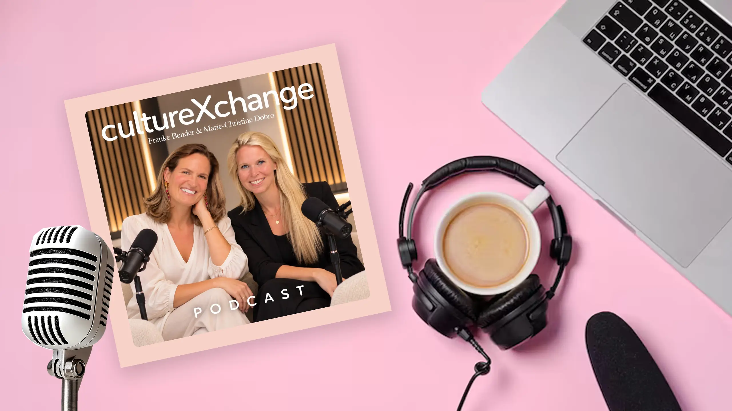 Podcast banner showing Frauke Bender and Marie-Christine Dobro from cultureXchange promoting a podcast with ISD director, Frank Tschan